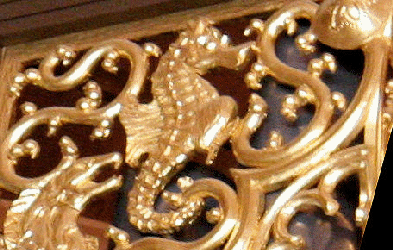 Carved sea horse, pipe organ at All Soul's Episcopal Church, San Diego